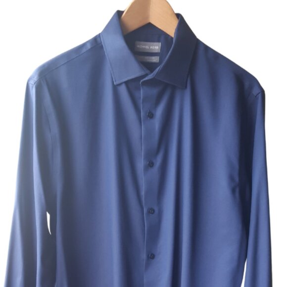 Michael Kors SZ16 Slim Fit Men's Wrinkle Free Cotton Marine Blue Button Up Shirt - Picture 5 of 15